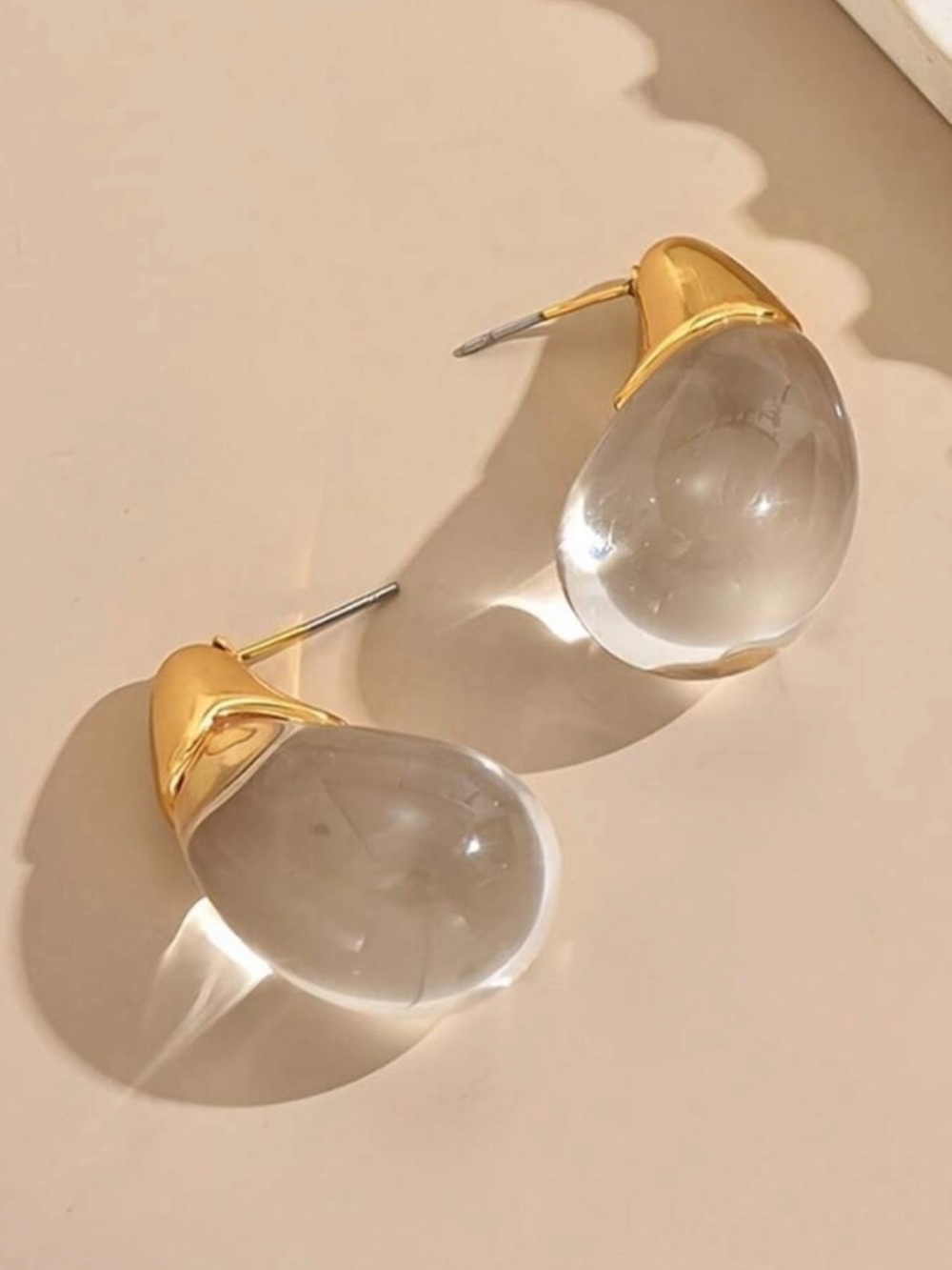 Clear Teardrop Earrings with Gold Tops - Picture 3 of 4